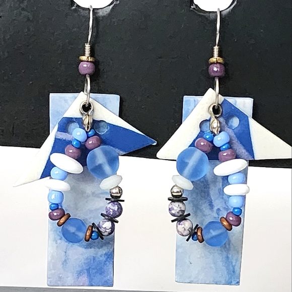 2 Pair FIMO Clay Abstract Earrings Blue Green Vintage Bundle - Picture 5 of 9